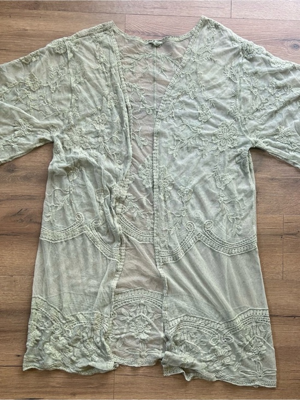 POL Sage Green Sheer Embroidered Kimono
